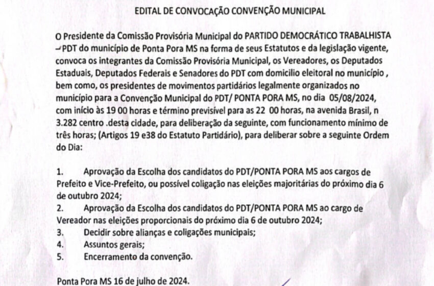  PDT – Diretório Municipal de Ponta Porã – Edital de Convocação